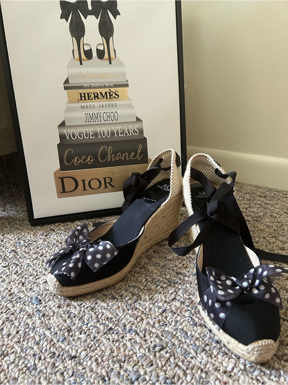 Anne Klein Black Espadrille Wedge Sandals with Polka Dot Bow, 10M